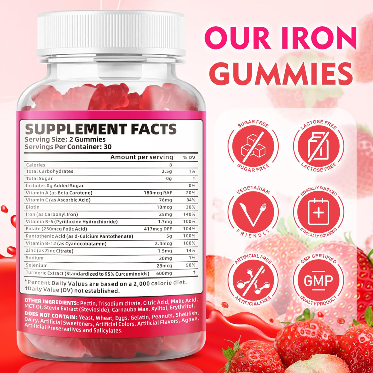 Gummies de fer BVIVLOO avec goût naturel de fraise