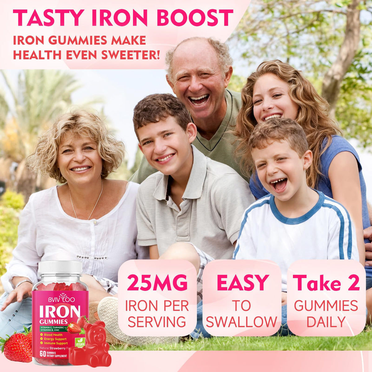 Gummies de fer BVIVLOO avec un fond naturel