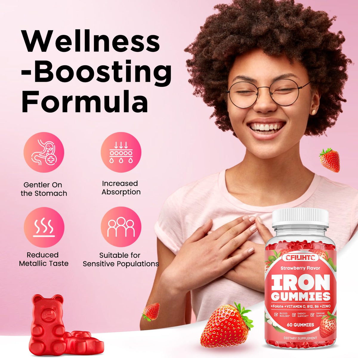 Gummies de Fer CFILIHTC avec une gummy fraise en gros plan