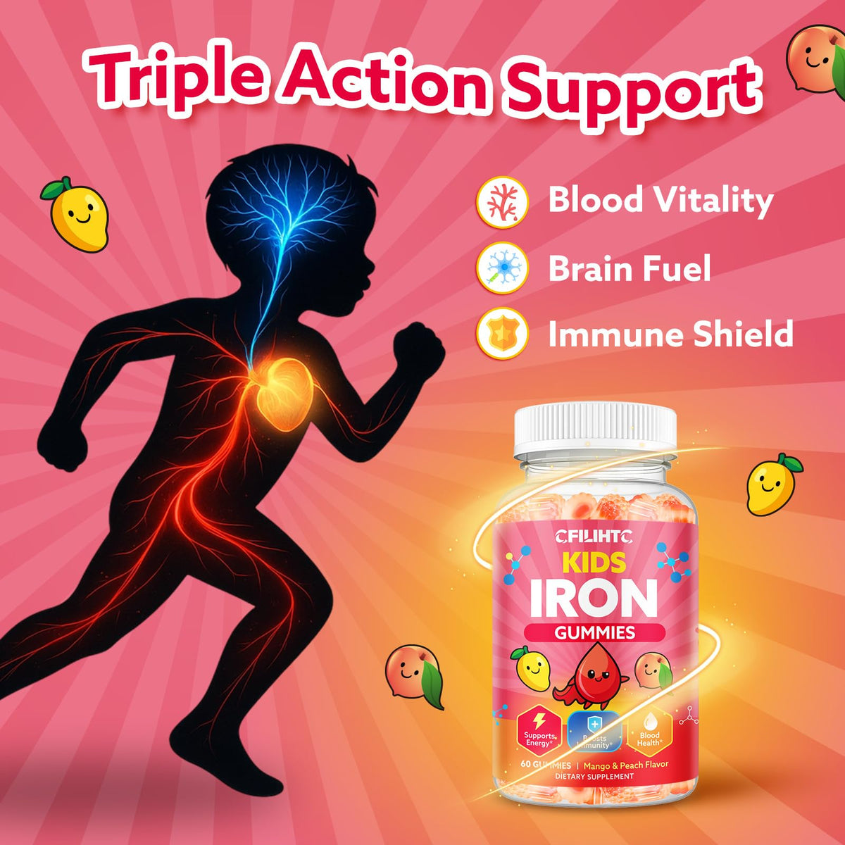 Gummies de fer CFILIHTC, vue de côté du pot avec informations nutritionnelles