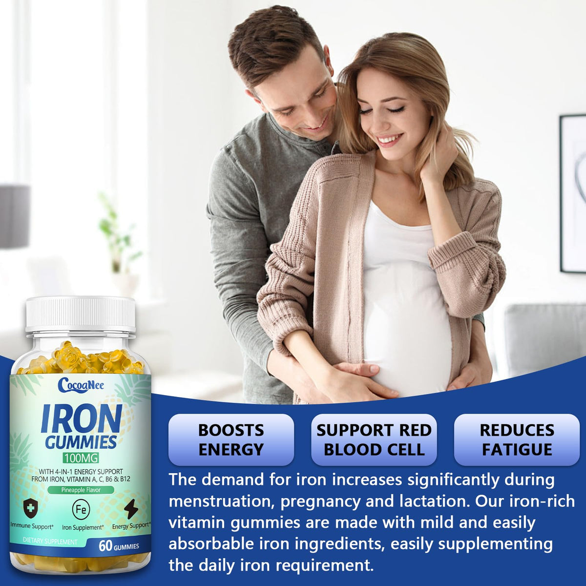 Gummies de fer CocoaNee 100mg, ingrédients listés sur l'emballage