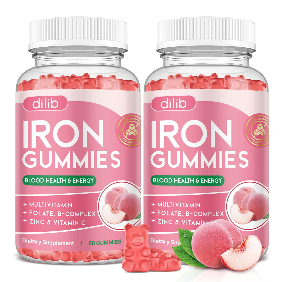 Gummies de fer Dilib 120 gummies saveur pêche, vue de face