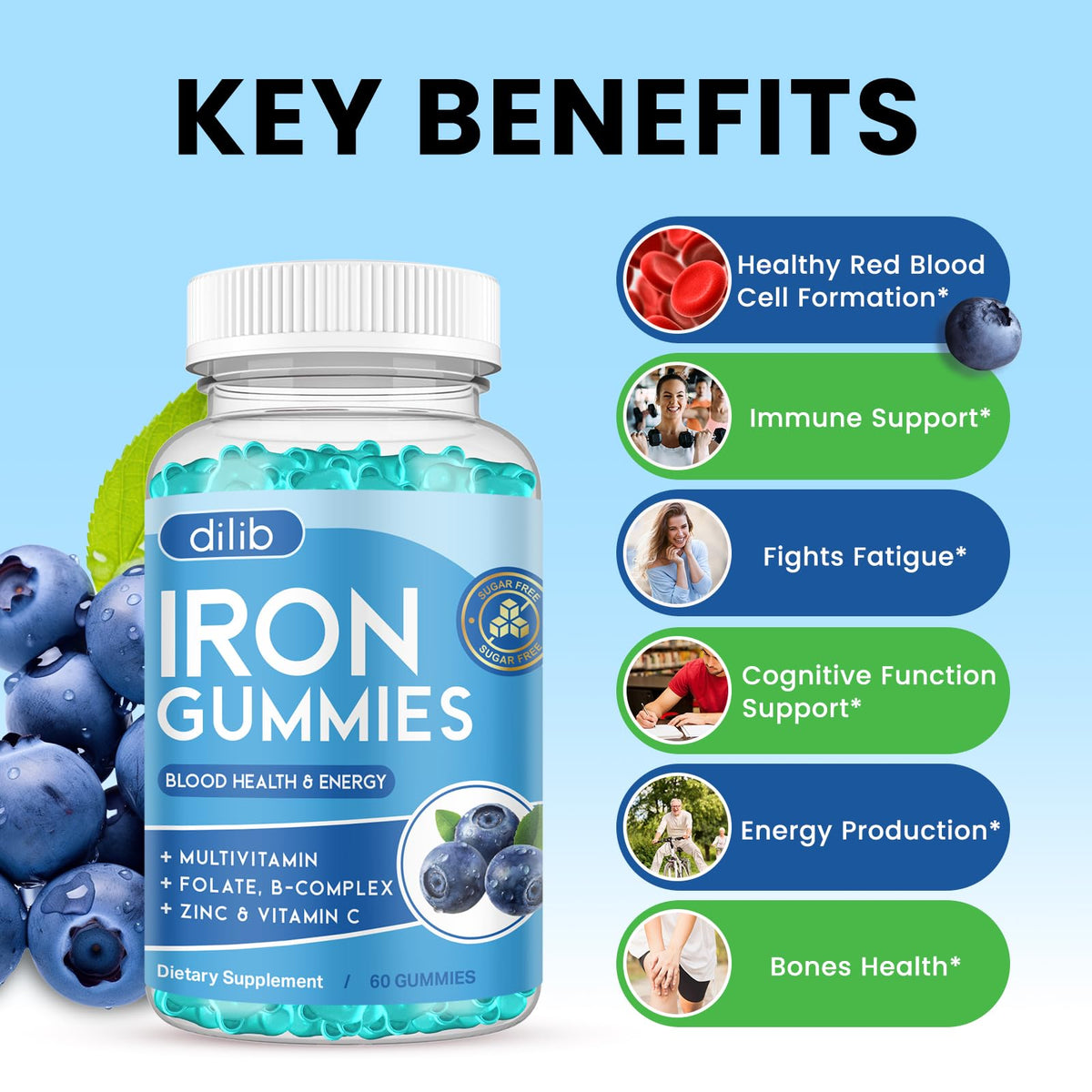 Gummies de Fer Dilib 60 Gummies Vegan à côté d'une cuillère