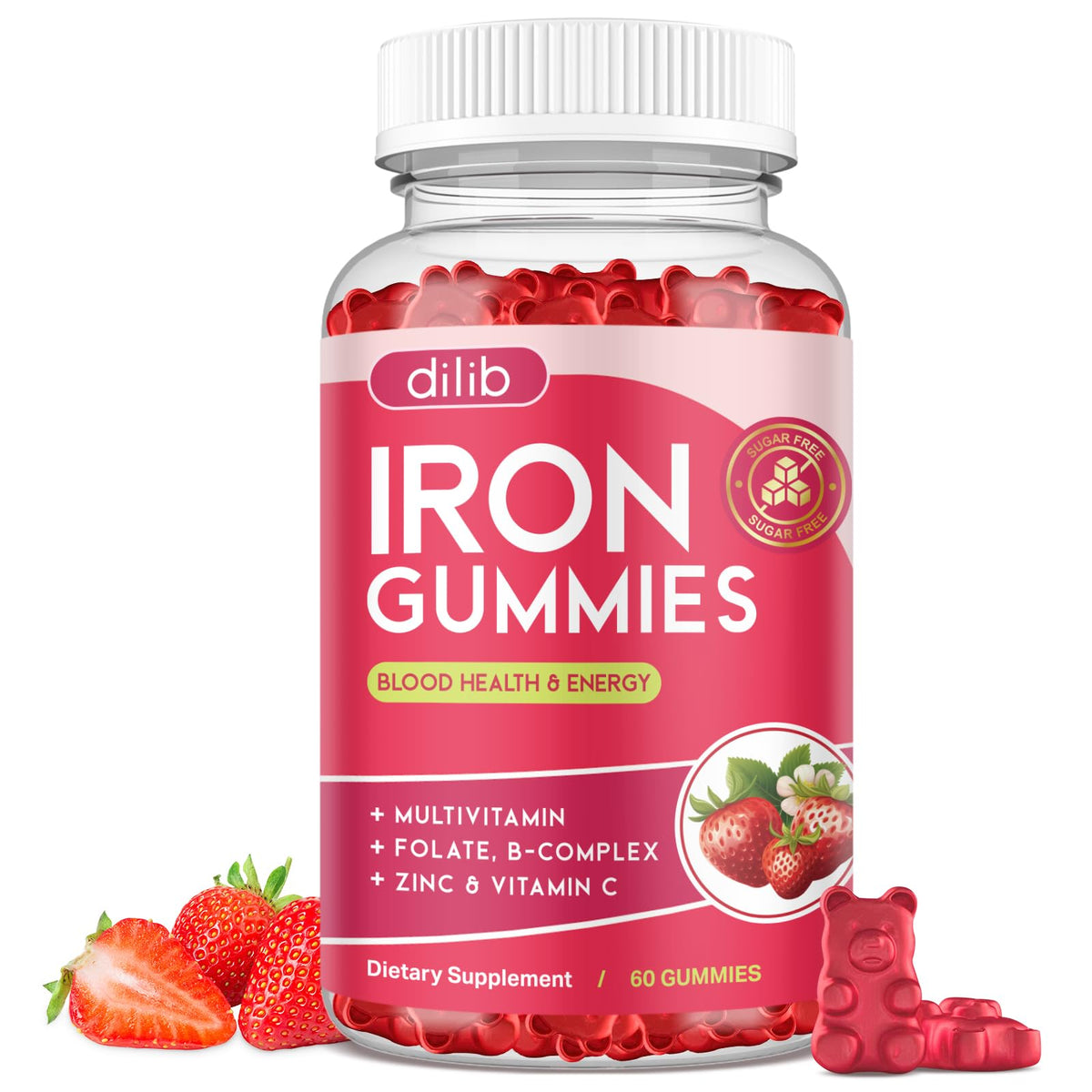 Gummies de Fer Dilib 60 unités, saveur fraise, emballage avant
