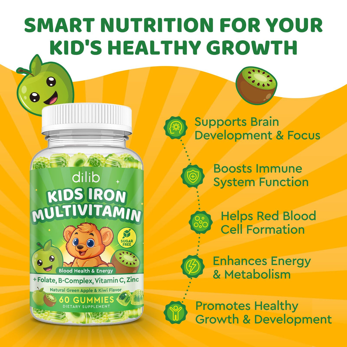Gummies de Fer dilib avec kiwi en arrière-plan