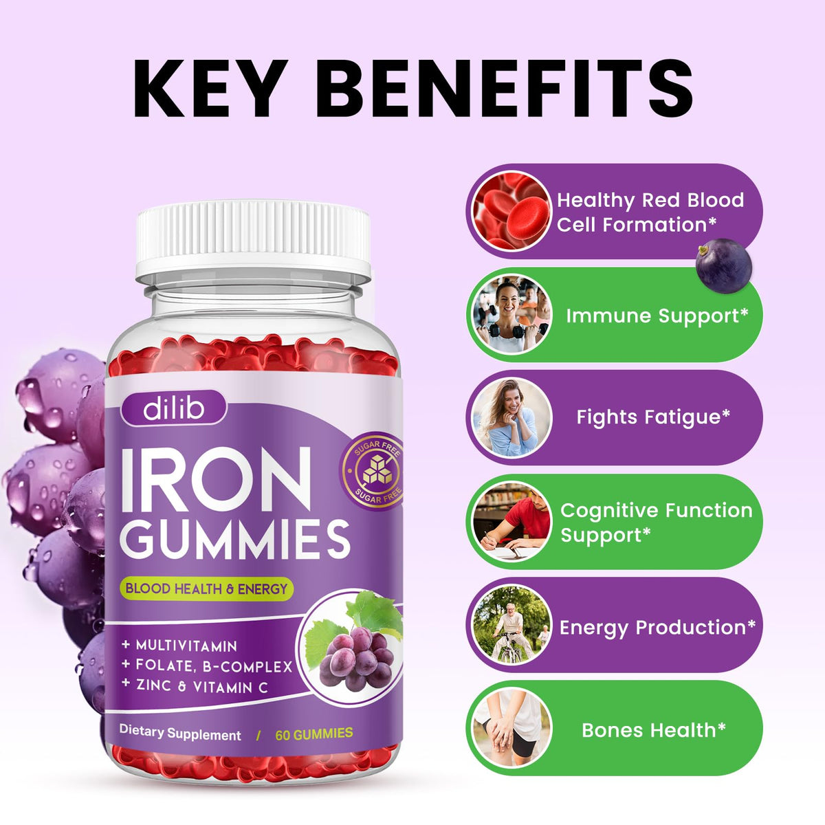 Gummies de Fer Dilib avec une vue de près des gummies