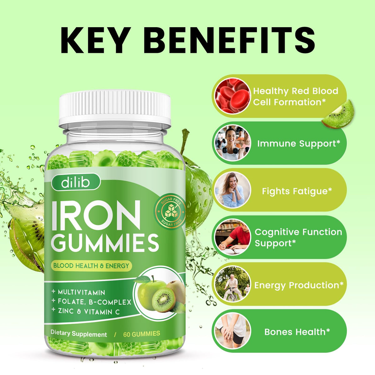 Gummies de fer Dilib, détail du produit avec vitamines