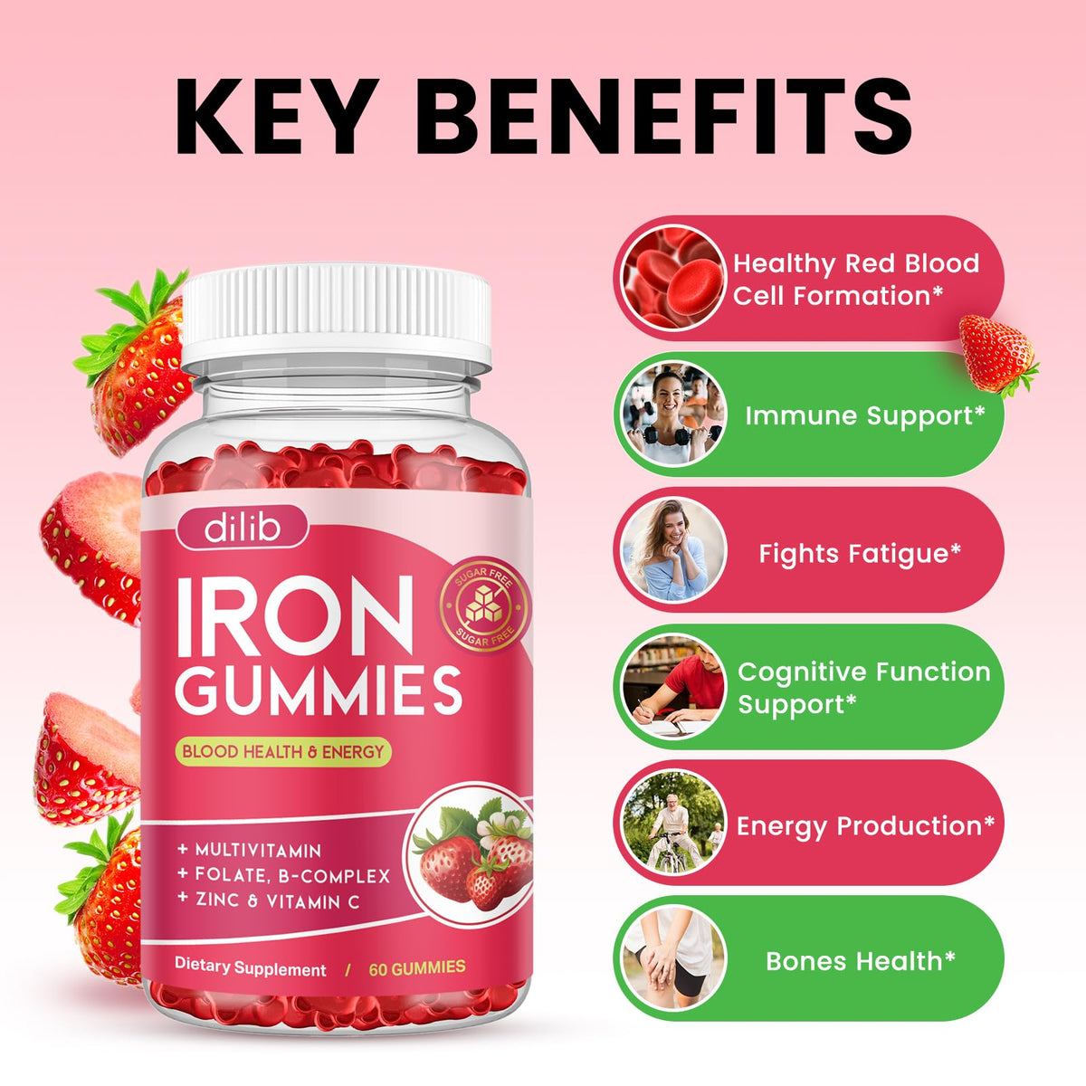 Gummies de Fer Dilib, présentation sur une table en bois