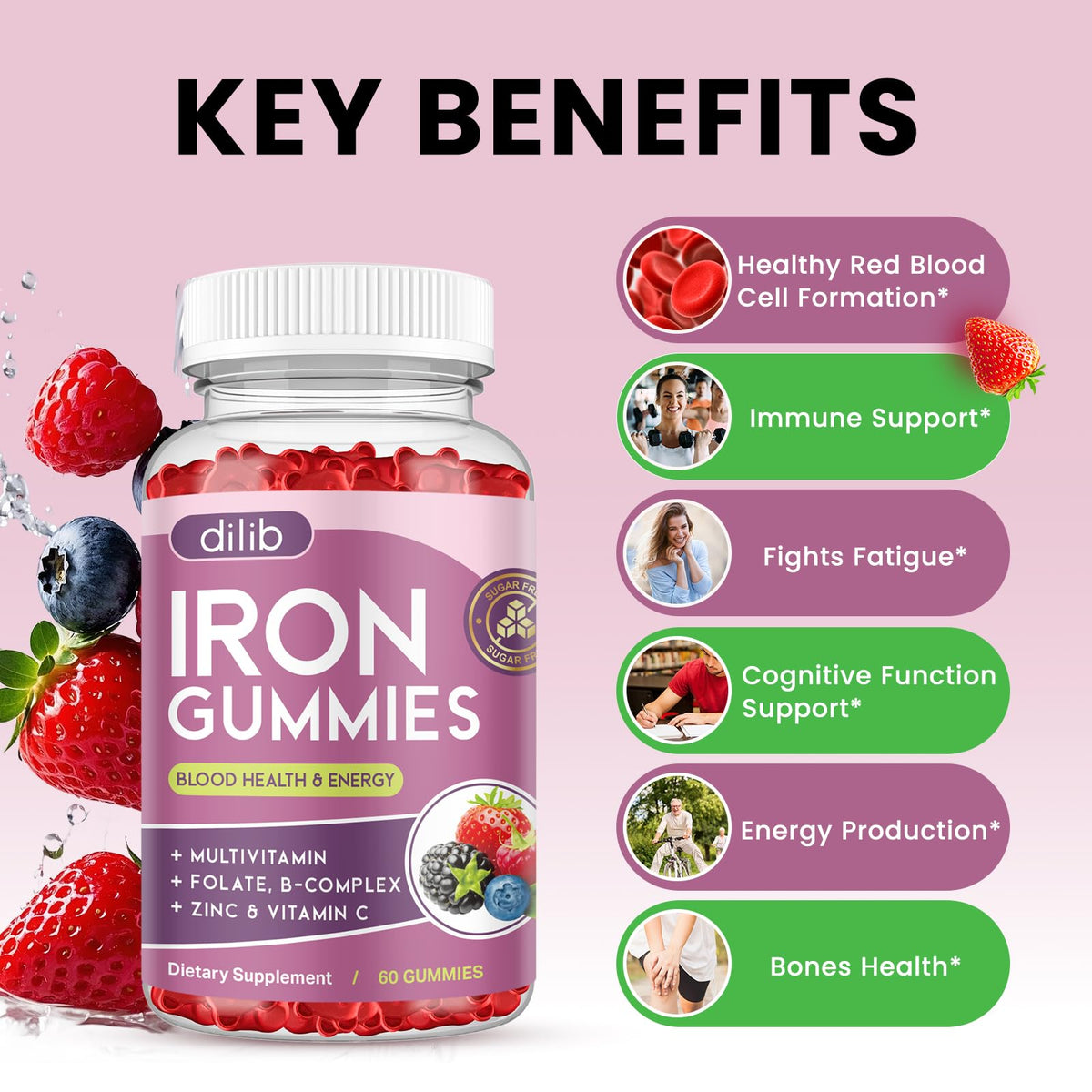 Gummies de fer dilib sur une table avec des fruits