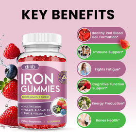 Gummies de fer dilib sur une table avec des fruits