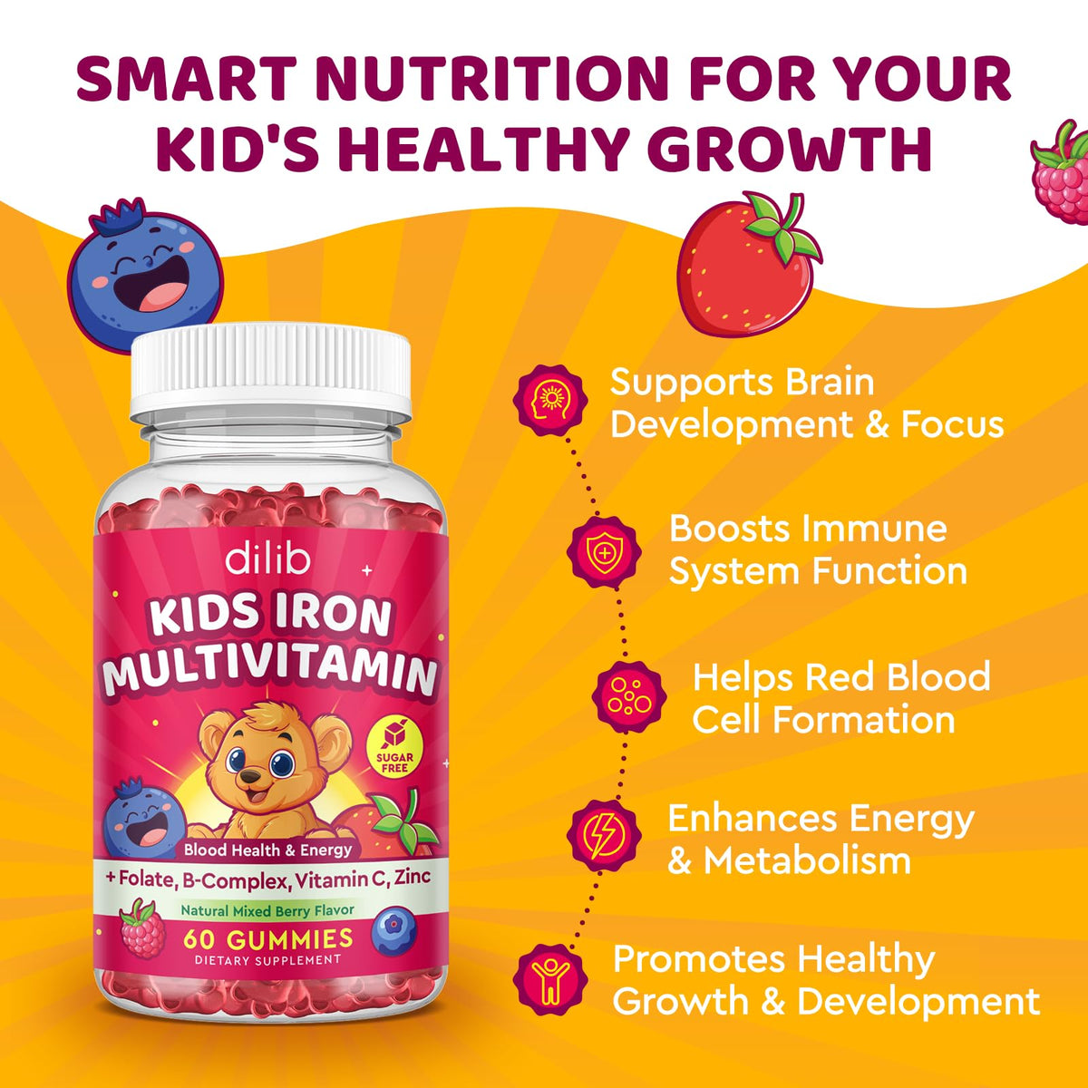 Gummies de Fer dilib sur une table avec des fruits frais