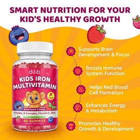Gummies de Fer dilib sur une table avec des fruits frais