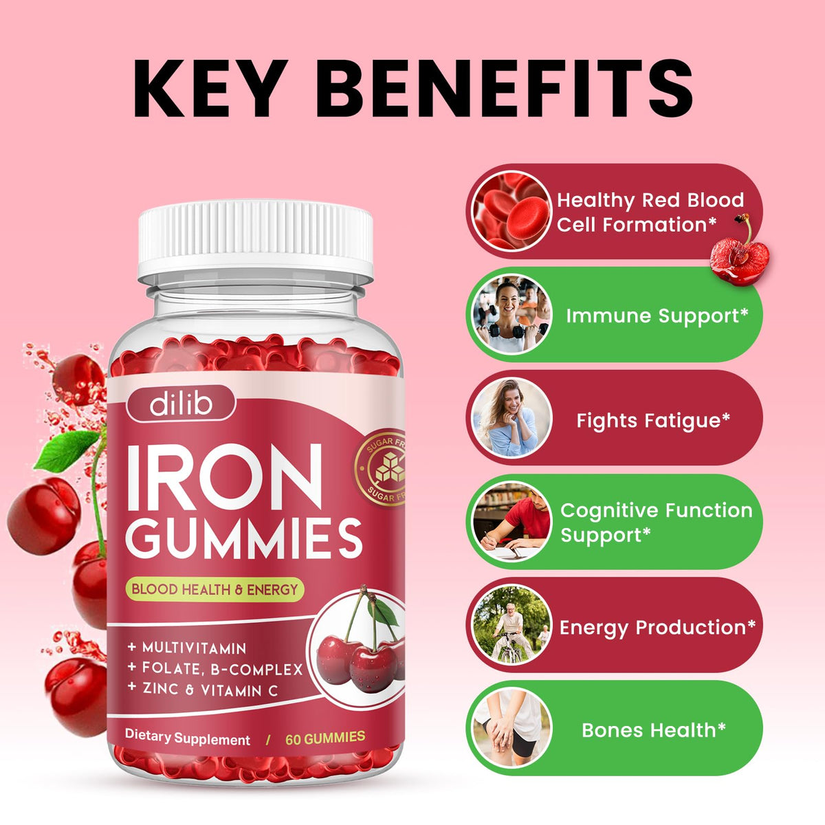 Gummies de Fer Dilib sur une table avec fruits