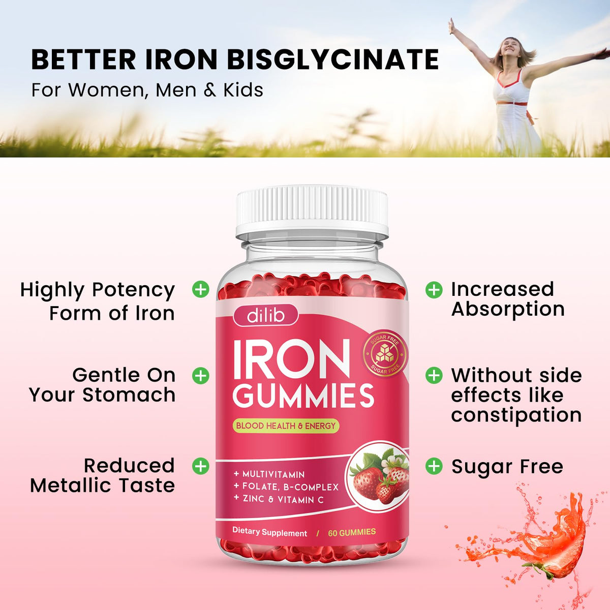 Gummies de Fer Dilib, vue de côté avec informations nutritionnelles