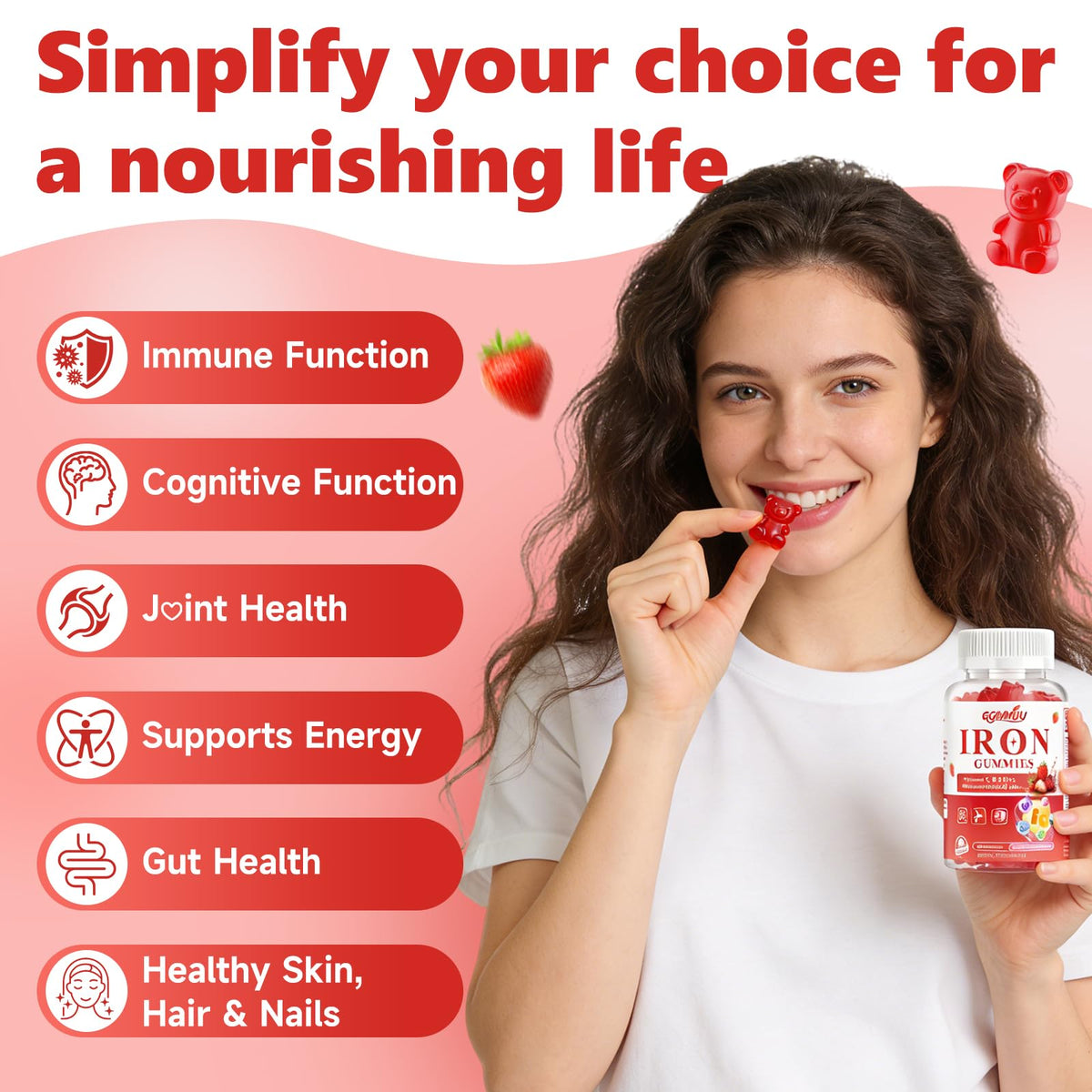 Gummies de Fer GGMMUU, flacon avec étiquette et informations nutritionnelles