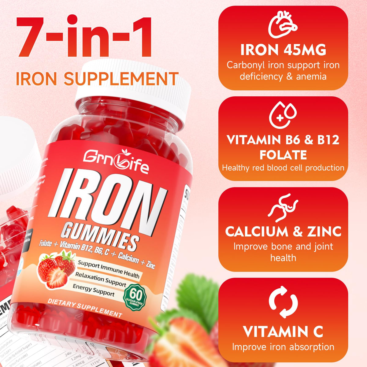 Gummies de Fer GrnLife avec illustration des ingrédients