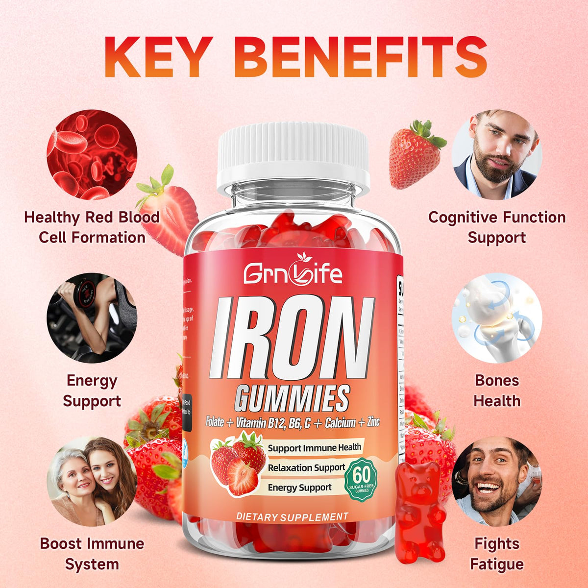 Gummies de Fer GrnLife sur une table avec d'autres vitamines