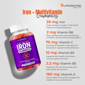 Gummies de fer LifeCentric Health 290g avec étiquette de composition