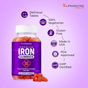 Gummies de fer LifeCentric Health 290g dans un bol avec des raisins