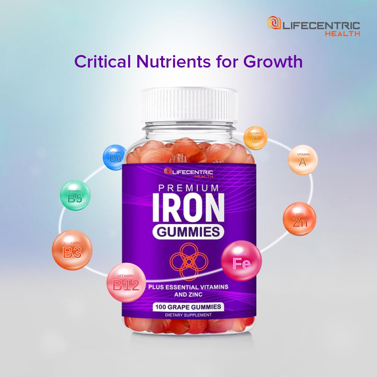 Gummies de fer LifeCentric Health 290g en gros plan sur les gummies