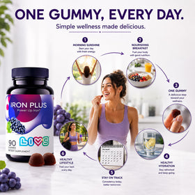 Gummies de fer LIVS avec ingrédients naturels en arrière-plan