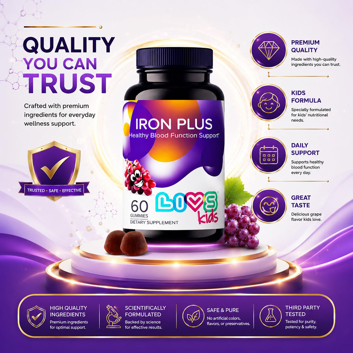 Gummies de fer LIVS en gros plan, texture