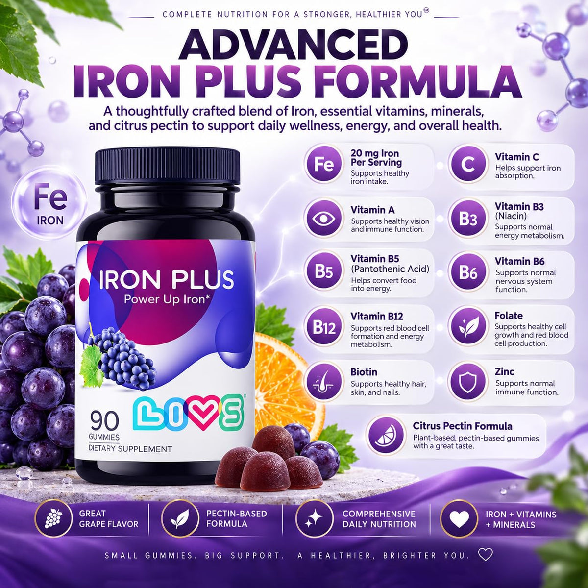 Gummies de fer LIVS montrant la texture de pectine