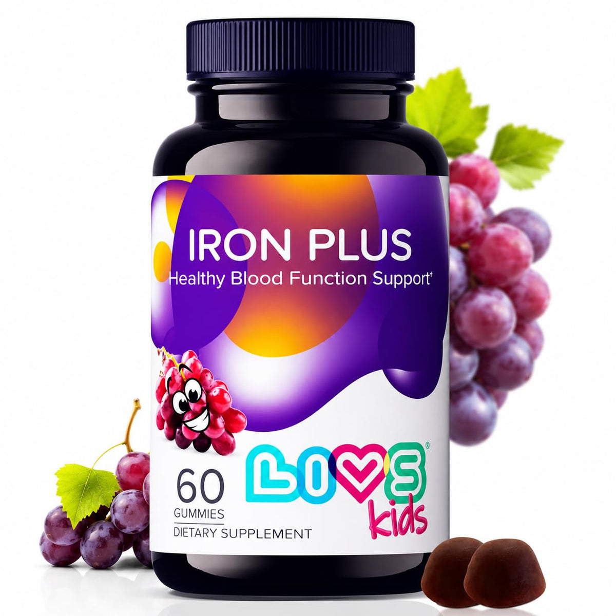 Gummies de fer LIVS pour enfants, 60 pièces, saveur raisin