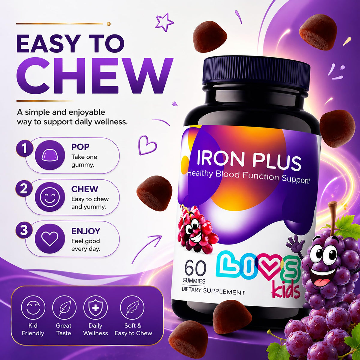 Gummies de fer LIVS, vue de côté avec étiquette