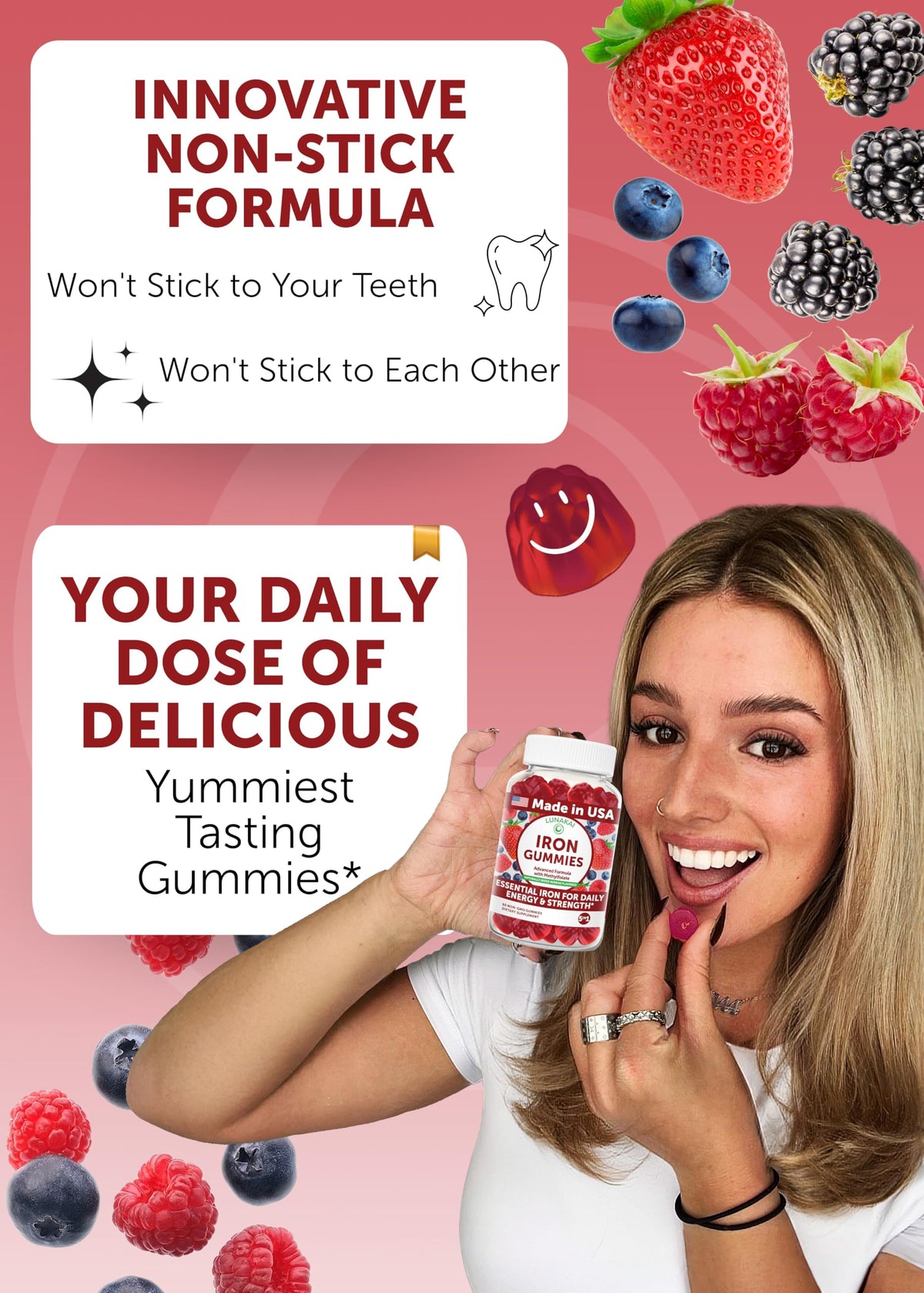Gummies de fer Lunakai montrant leur texture douce et fruitée