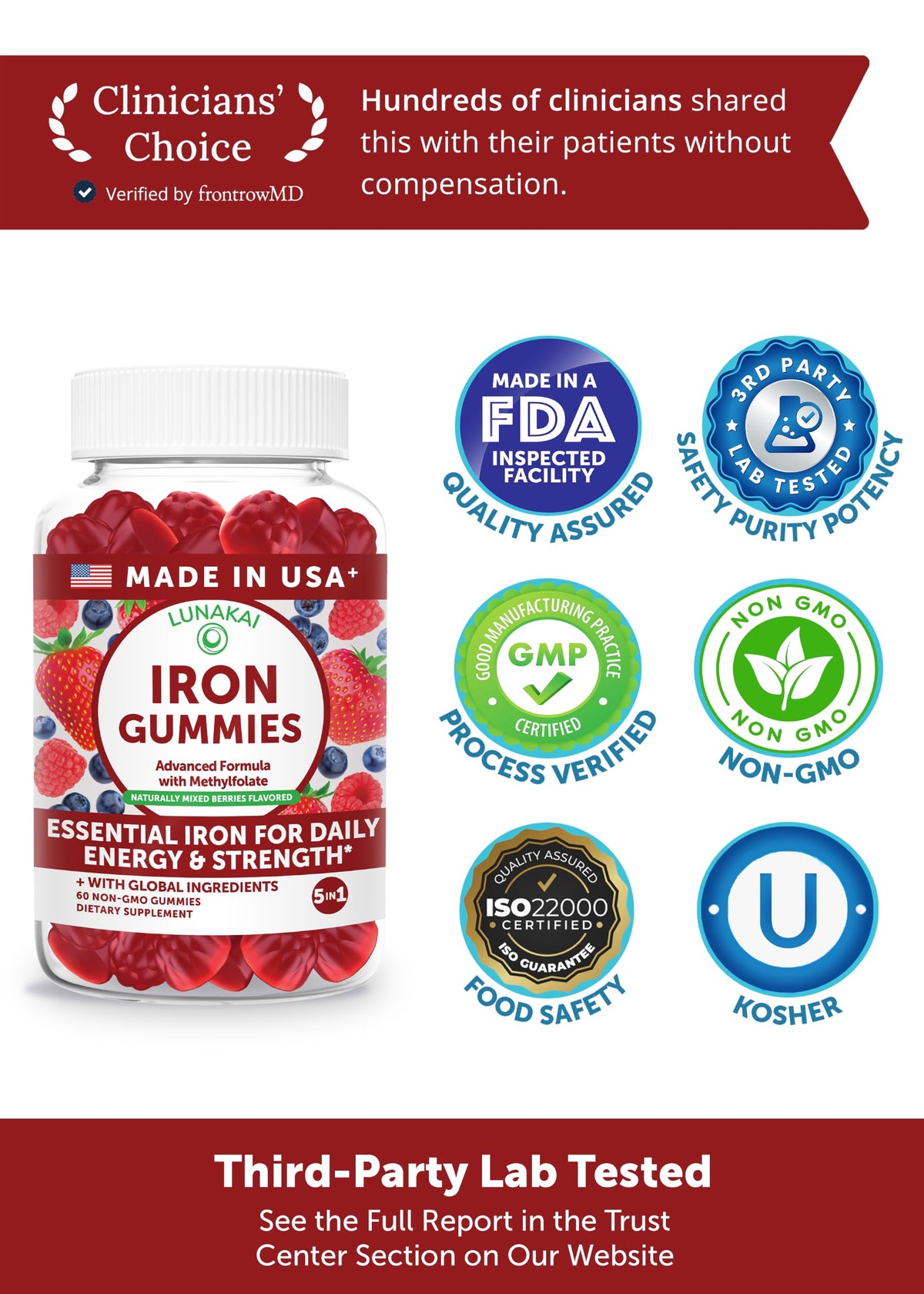 Gummies de fer Lunakai présentés avec des fruits mélangés