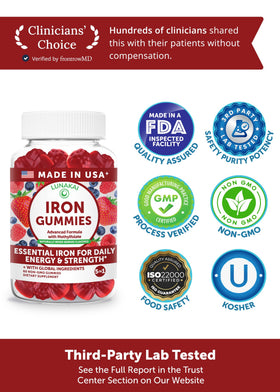 Gummies de fer Lunakai présentés avec des fruits mélangés