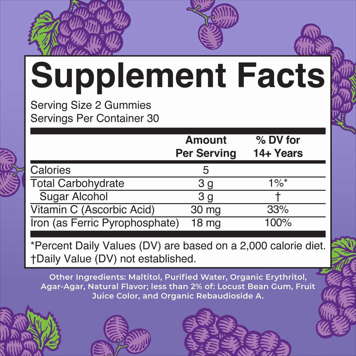 Gummies de Fer MARYRUTH'S avec étiquette et informations nutritionnelles