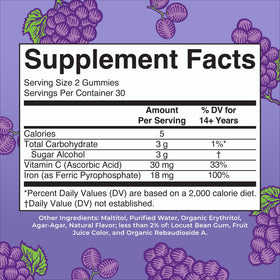 Gummies de Fer MARYRUTH'S avec étiquette et informations nutritionnelles
