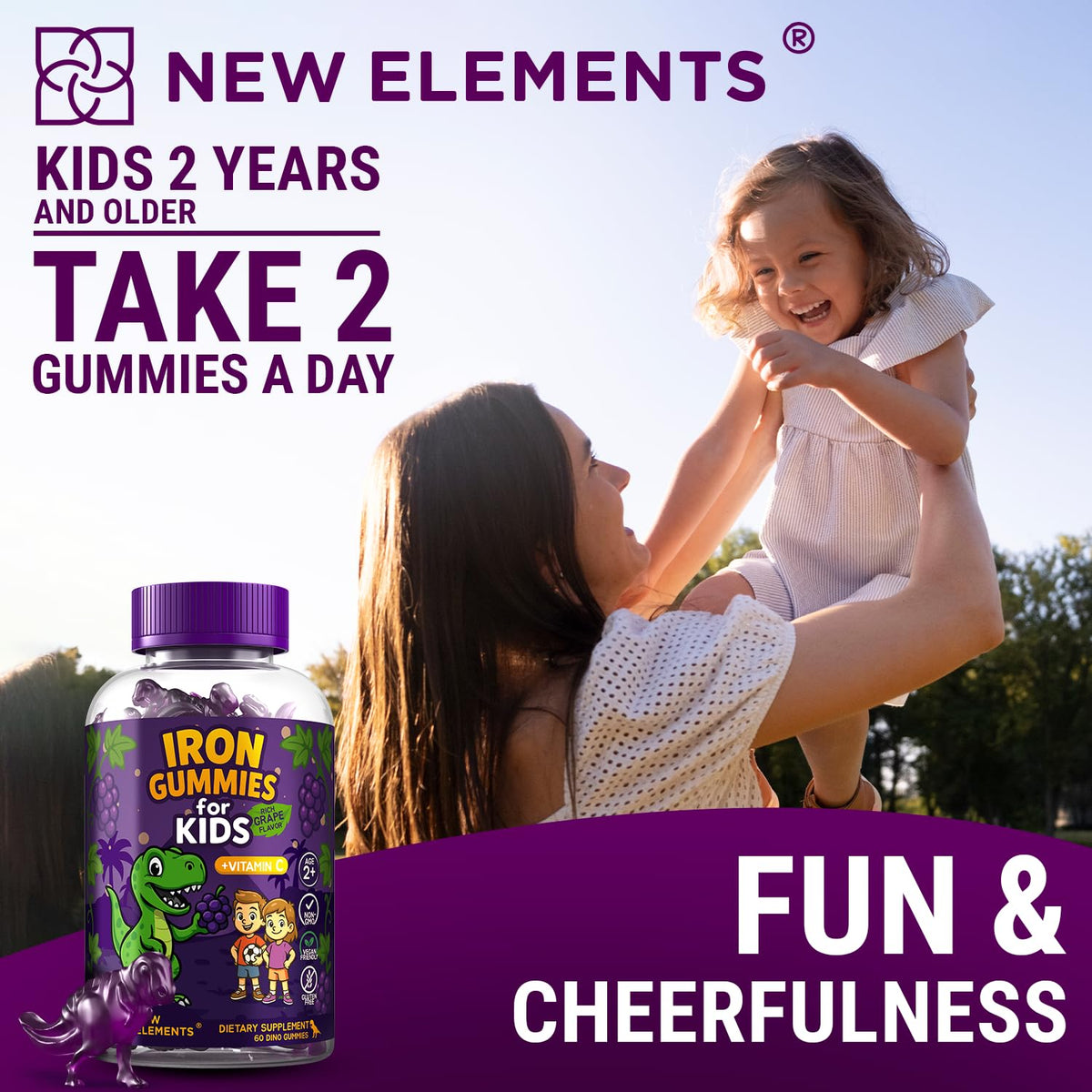 Gummies de Fer New Elements pour Enfants, affichant des ingrédients sur l'emballage