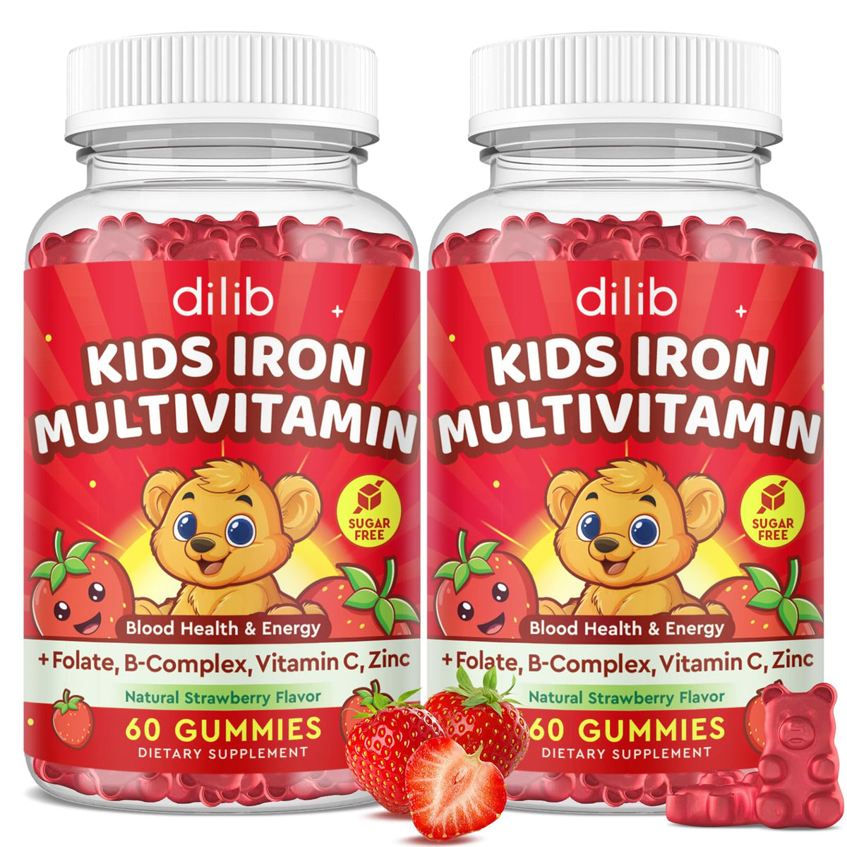 Gummies de fer pour enfants dilib, 120 unités, saveur fraise, emballage avant