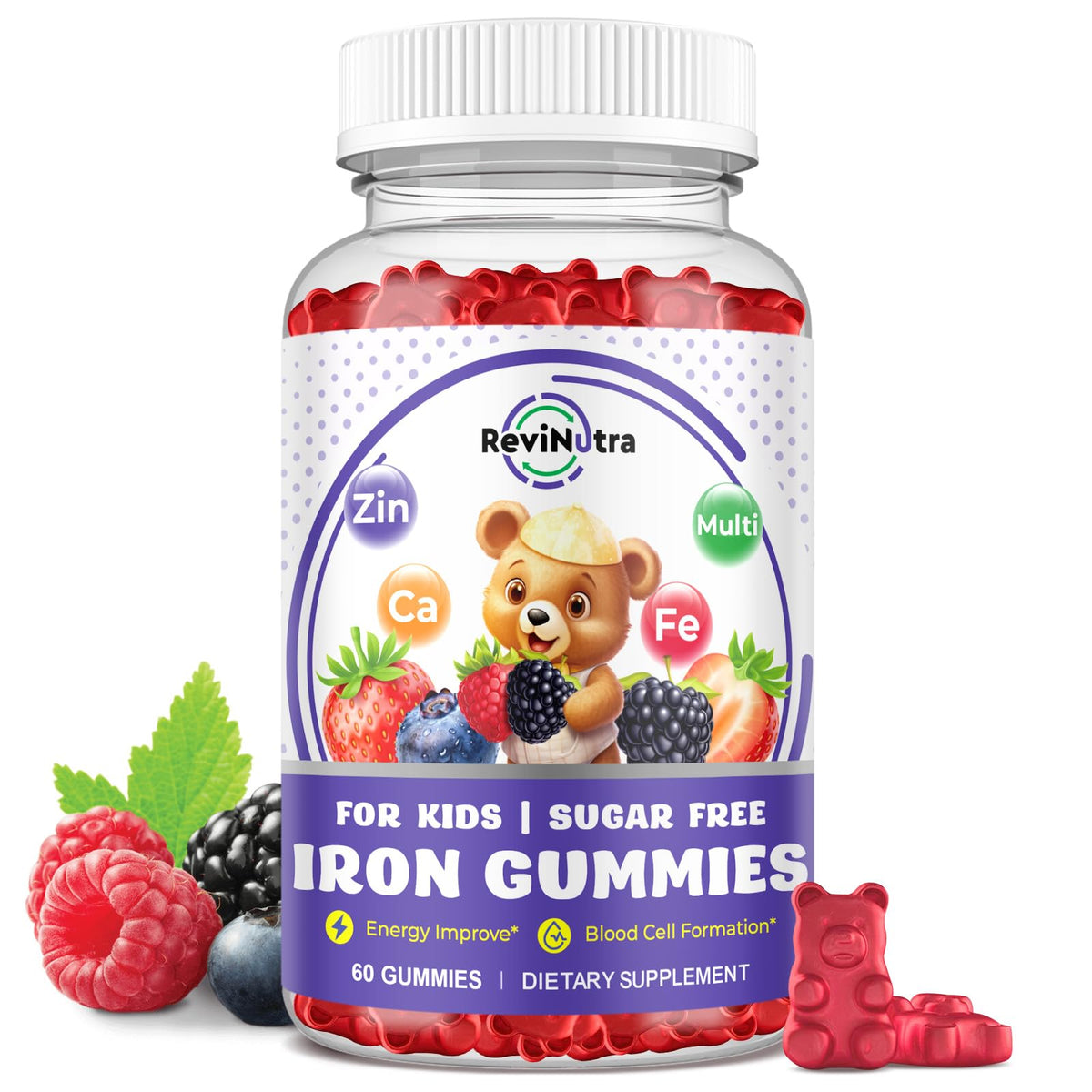 Gummies de Fer pour Enfants ReviNutra, 60 gummies au goût de fruits rouges