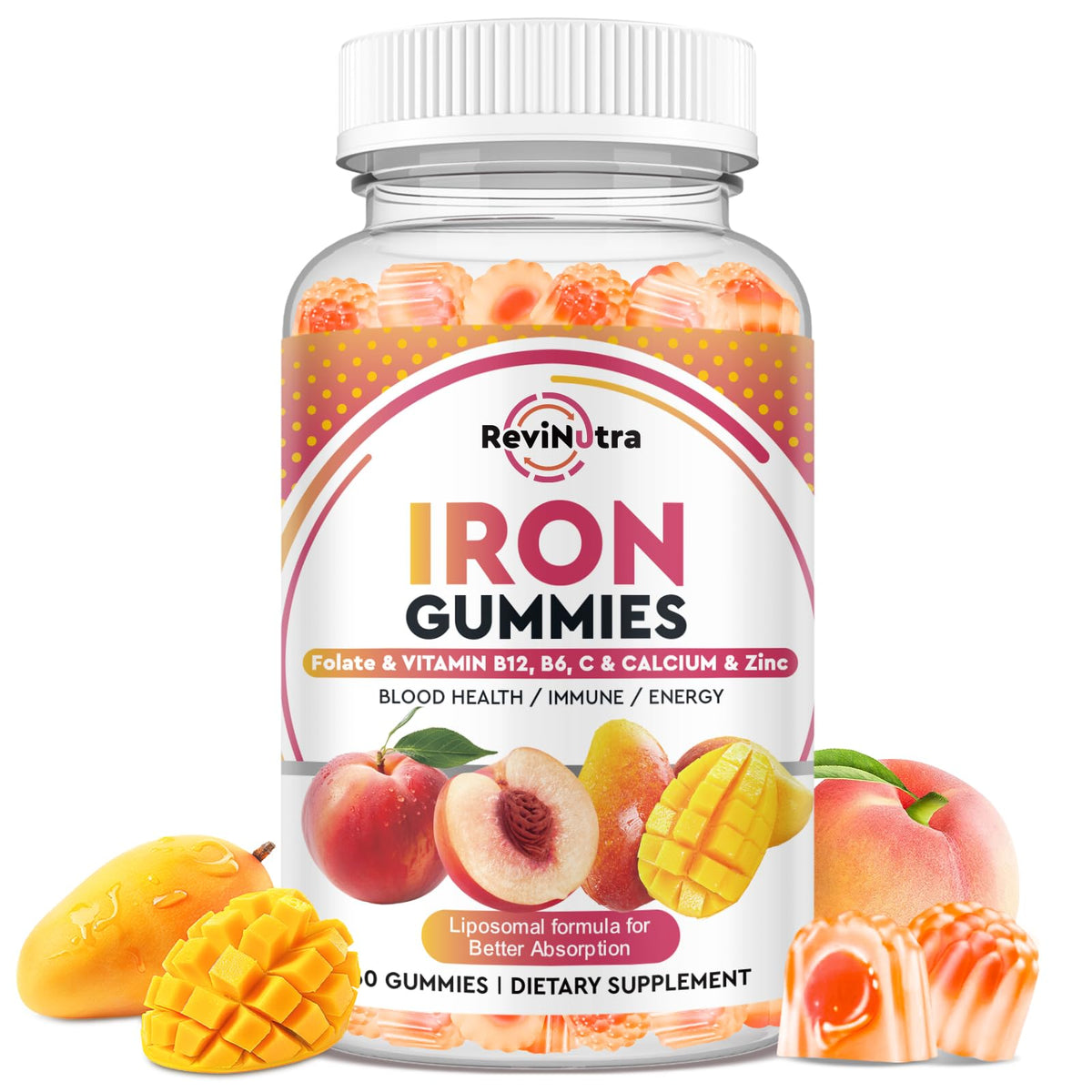 Gummies de fer ReviNutra 60 unités, saveur pêche et mangue, vue de face