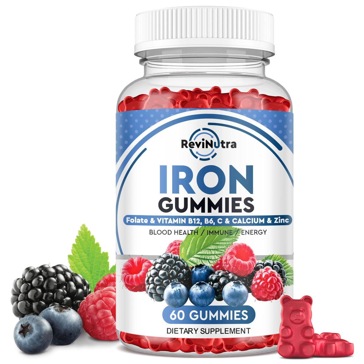 Gummies de Fer ReviNutra au goût de baies mélangées, 60 pièces