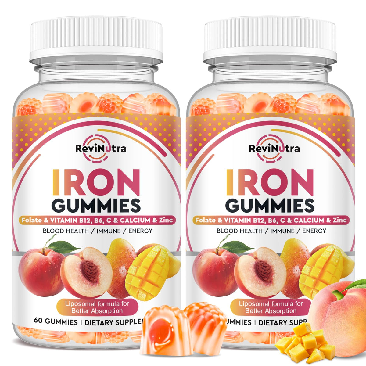 Gummies de fer ReviNutra au goût pêche et mangue, pot de 120 gummies