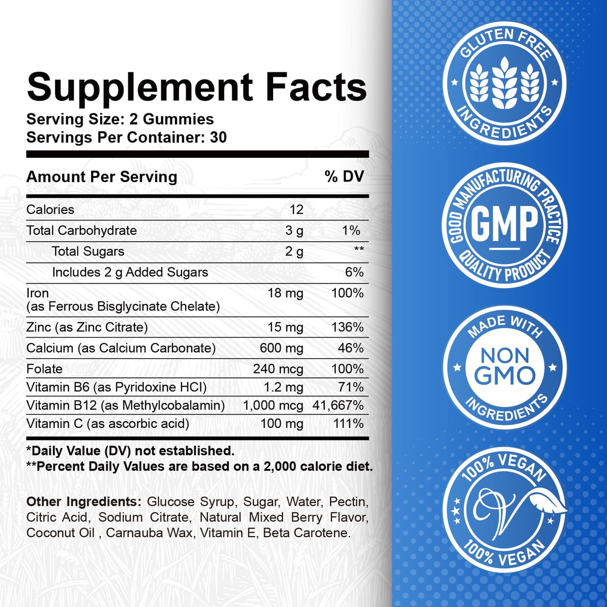 Gummies de fer ReviNutra avec étiquette détaillant les ingrédients