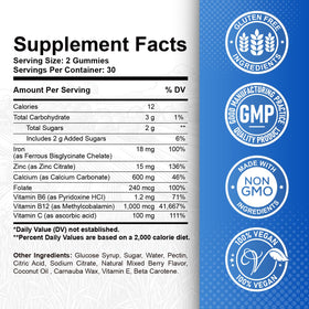 Gummies de fer ReviNutra avec étiquette détaillant les ingrédients