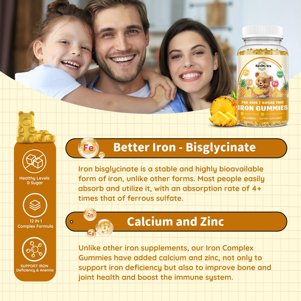 Gummies de fer ReviNutra avec une main d'enfant