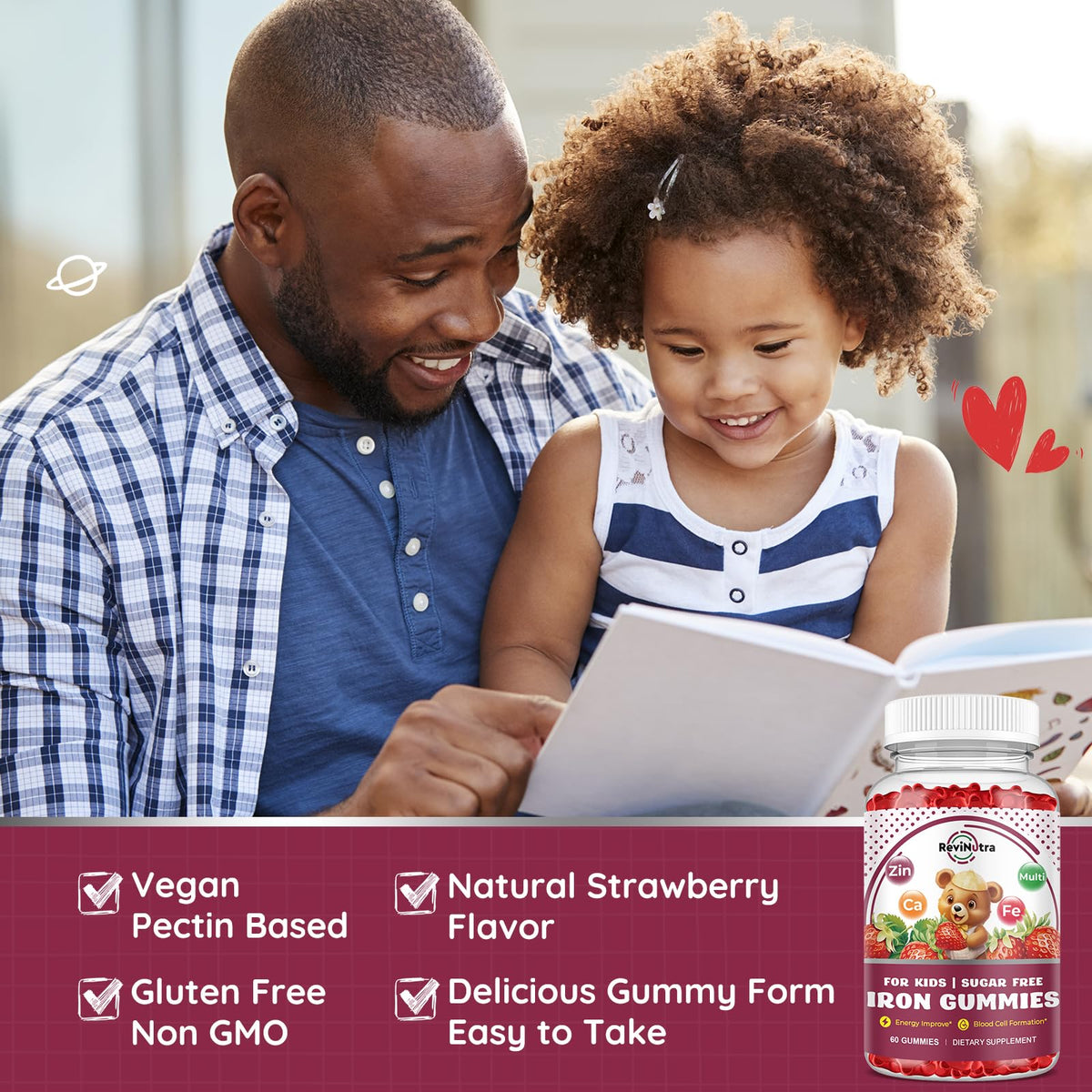 Gummies de fer ReviNutra, étiquette avec informations nutritionnelles