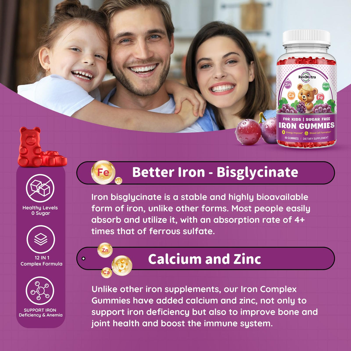 Gummies de fer ReviNutra, flacon ouvert avec gummies à l'intérieur