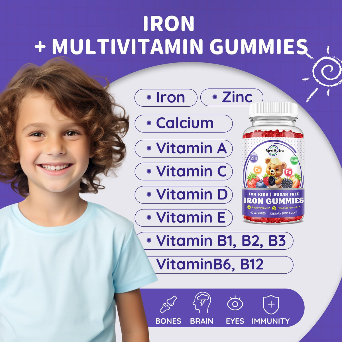 Gummies de fer ReviNutra montrant la texture et la couleur des gummies