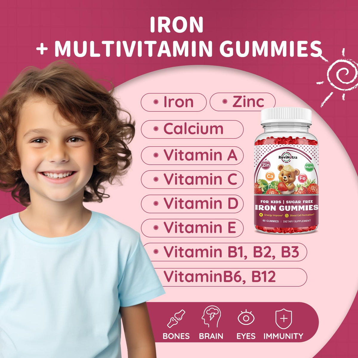 Gummies de fer ReviNutra, pot à côté d'un verre d'eau