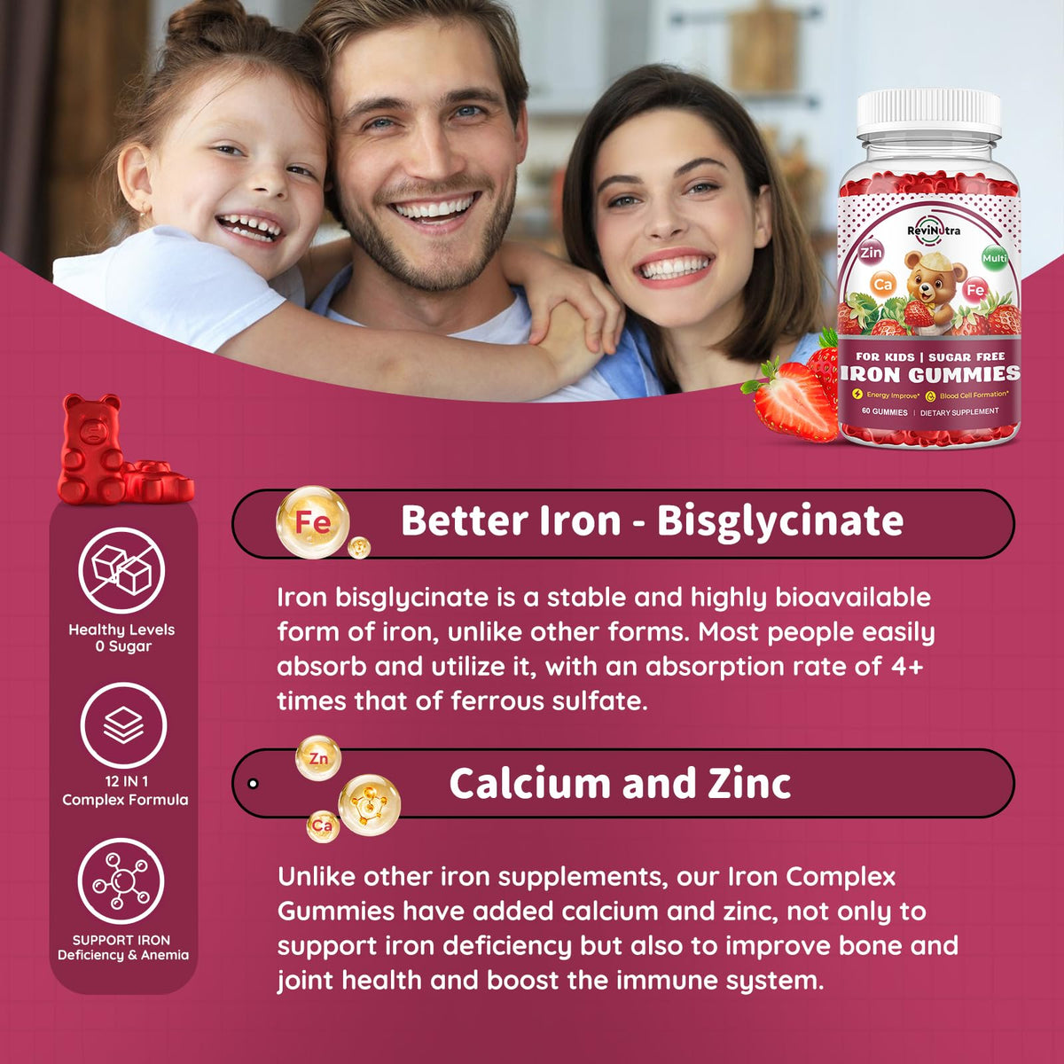Gummies de fer ReviNutra, pot ouvert avec gummies visibles