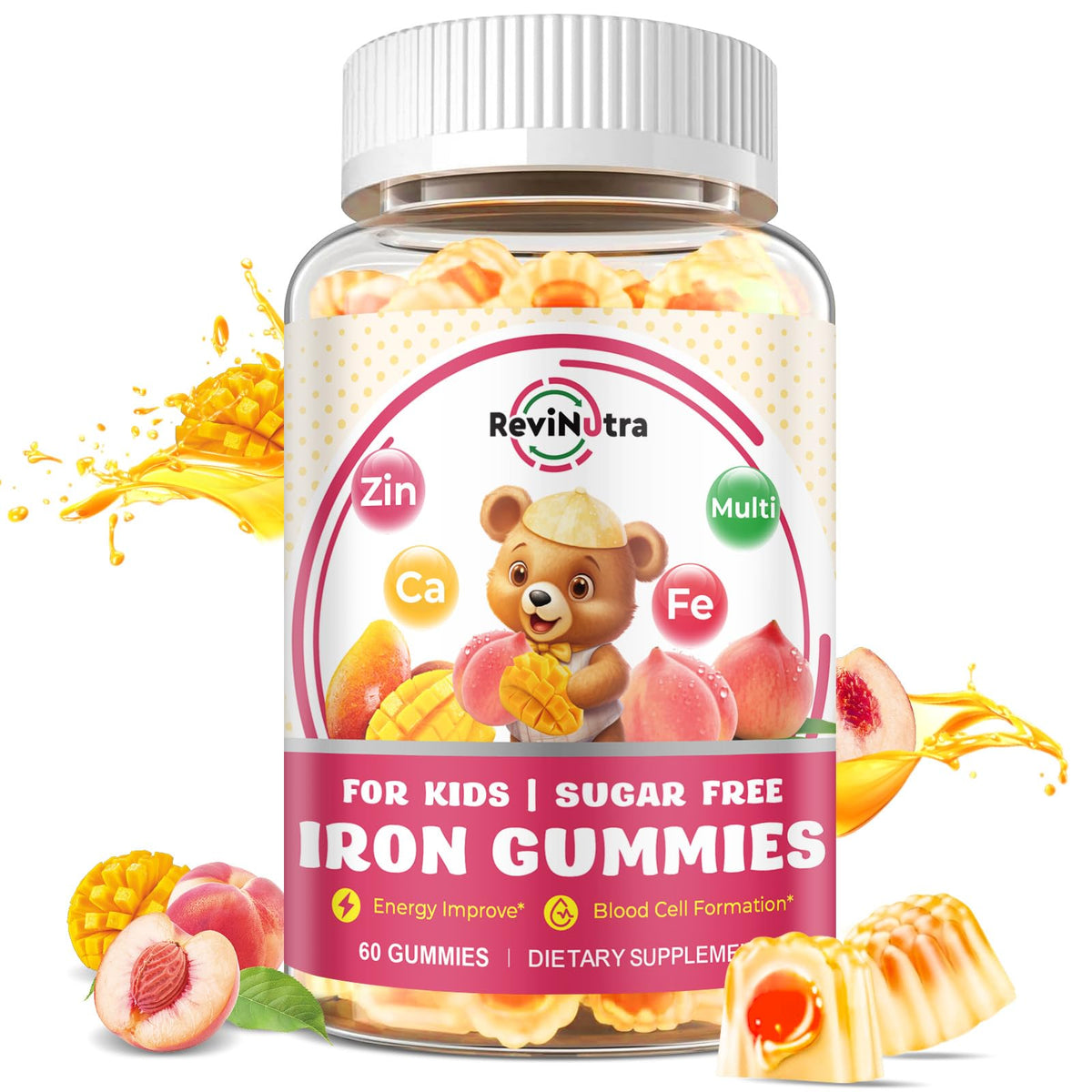 Gummies de Fer ReviNutra pour enfants, 60 gummies au goût pêche et mangue