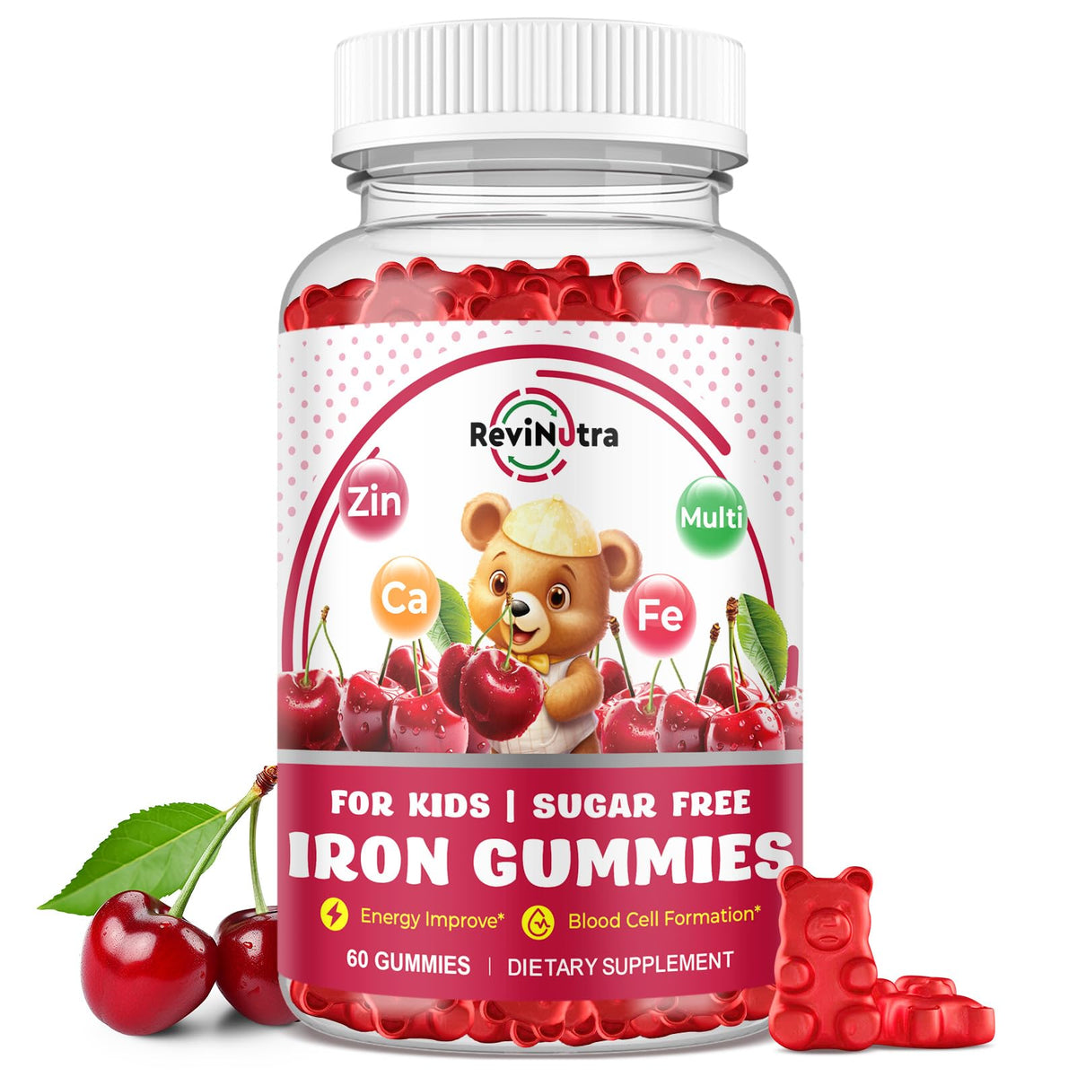 Gummies de fer ReviNutra pour enfants, 60 gummies saveur cerise, vue de face